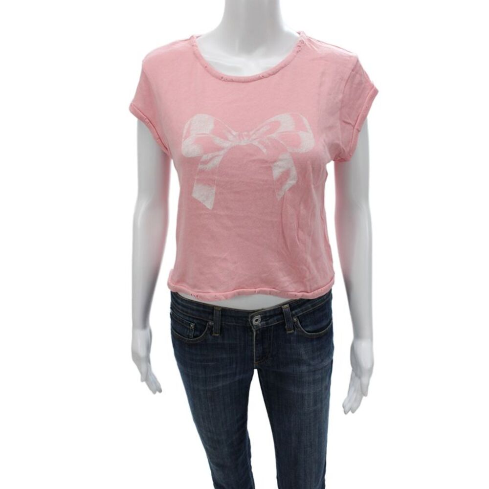 Love Shack Fancy Women Cropped Pink Graphic Tee Crewneck Cotton Linen Size S
